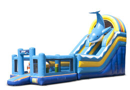 Order an inflatable multifunctional slide in the dolphin theme with a splash pool, impressive 3D object, fresh colors and the 3D obstacles for children. Buy inflatable slides now online at JB Inflatables UK