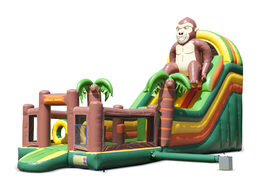 Unique gorilla-themed inflatable slide with a splash pool, impressive 3D object, fresh colors and the 3D obstacles for children. Order inflatable slides now online at JB Inflatables UK