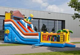 Multifunctional inflatable slide in a beach theme with a splash pool, impressive 3D object, fresh colors and the 3D obstacles for children. Buy inflatable slides now online at JB Inflatables UK