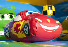 Buy covered multifun bouncer with slide in car theme with 3D object on the roof for both young and older children. Order inflatable bouncers online at JB Inflatables UK