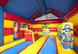 Order covered multifun bouncy castle with slide in pirate theme with 3D object at the top for both young and older children. Buy inflatable bouncy castles online at JB Inflatables UK