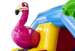 Inflatable slide combo flamingo-themed bouncer for sale at JB Inflatables UK. Buy inflatable bouncers with slide for kids
