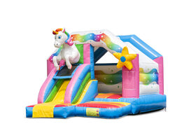 Inflatable slide combo bouncy castle in unicorn theme for sale at JB Inflatables UK. Order inflatable bouncy castles with slide for kids