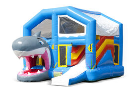 Buy an inflatable indoor multiplay bouncy castle with slide in the shark theme for children. Order inflatable bouncy castles online at JB Inflatables UK