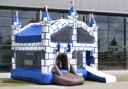 Medium inflatable multiplay bouncy castle with slide in castle theme for children. Order inflatable bouncy castles online at JB Inflatables UK