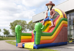 Large inflatable multifunctional slide in a beach theme with a splash pool, impressive 3D object, fresh colors and the 3D obstacles for children. Order inflatable slides now online at JB Inflatables UK