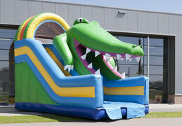 Impressive inflatable crocodile themed slide with a splash pool for kids. Buy inflatable slides now online at JB Inflatables UK