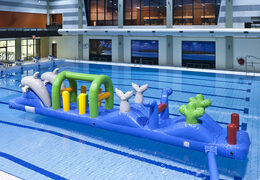 Buy dolphin themed airtight swimming pool run with challenging obstacle objects for kids. Order inflatable obstacle courses online now at JB Inflatables America