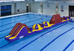 Spectacular inflatable 17 meter long adventure mega run XL obstacle course with various exciting objects for kids. Order inflatable water attractions now online at JB Inflatables America