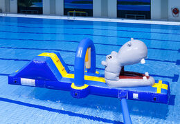 Inflatable hippo run obstacle course with fun objects for both young and old. Order inflatable obstacle courses online now at JB Inflatables America