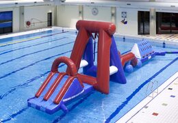Order double inflatable Water obstacle run pool obstacle course with two climbing walls, a balancing object, a swing tower and a slide for kids. Buy inflatable obstacle courses online now at JB Inflatables America
