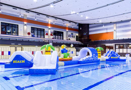 Order surfer run themed double swimming pool assault course for both young and old. Buy inflatable water attractions online now at JB Inflatables America