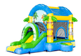 Buy a large indoor inflatable bouncy castle in the theme of jungle fun with a slide for children. Order inflatable bouncy castles online at JB Inflatables UK