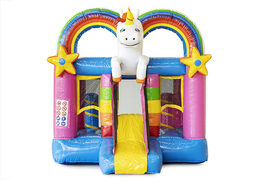 Buy mini inflatable bouncy castle in colorful unicorn theme with slide. Inflatable bouncy castles for kids for sale at JB Inflatables UK