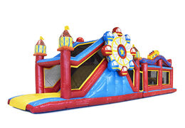Order a 17 meter wide unique rollercoaster themed obstacle course with 7 game elements and colorful objects for children. Buy inflatable obstacle courses online now at JB Inflatables UK