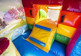 Order a mini roofed multifun inflatable bouncer for kids in rainbow unicorn theme. Buy bouncers at JB Inflatables UK online