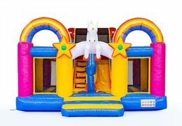 Buy Inflatable Boss slidebox bouncy castle in Unicorn theme with a slide for children. Order bouncy castles online at JB Inflatables UK