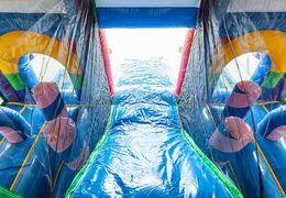 A unicorn themed bouncer with a slide and 3D objects for children. Order bouncers online at JB Inflatables UK