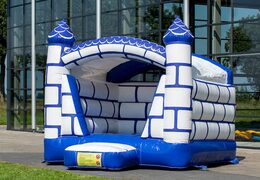 Mini-roofed bouncy castle in blue and white in castle theme for kids to buy. Order bouncy castles now at JB Inflatables UK online