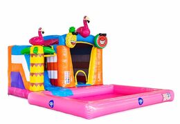 Small splash bouncy castle in flamigo theme with or without bath for children at JB Inflatables UK. Buy inflatable bouncy castles at JB Inflatables UK