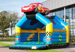 Super bouncy castle with roof in car theme for kids. Buy bouncy castles online at JB Inflatables UK