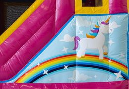 Dmuchany zamek Jumpy Happy Splash różowy z kąpielą wodną z motywem jednorożca. Tęczowy plac wodny dla dzieci zamów online w JB Dmuchance