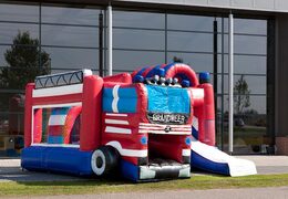 Medium inflatable multiplay bouncy castle in fire truck theme with a slide for children. Order inflatable bouncy castles online at JB Inflatables UK
