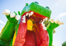 Inflatable air cushion multiplay with slide in yellow green dino theme for sale