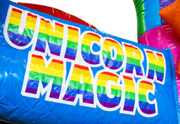 Inflatable Mini Multiplay bouncy castle in Unicorn theme for sale for children. Order now inflatable bouncy castles at JB Inflatables America