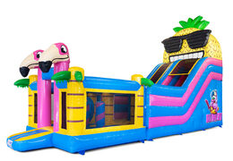 Mega bouncy castle with slide in a tropical theme for the summer
