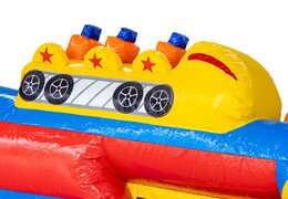 Roller coaster cart on inflatable obstacle course blue red yellow