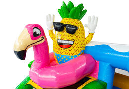 Springkussen thema Hawaii Flamingo met vrolijke 3D ananas in flBouncy Castle Hawaii Flamingo theme with cheerful 3D pineapple in flamingo float online orderamingo zwemband online bestellen