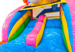 Blue, Yellow, and Pink Slide of Double Slide Combo Inflatable Castle available for purchase at JB
