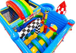 Interior of bouncy castle with arches, pillars, and airbags for sale at JB