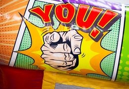 Comic theme Midi Bounce bouncy castle, order today at JB Inflatables