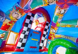 Inflatable A-frame Super Comic bouncy castle with fun comic strips for sale