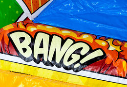 Comic style A-frame Super Comic bouncy castle air cushion for children, now available at JB Inflatables