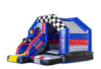Buy a small indoor inflatable multiplay bouncy castle with slide in theme formula 1 for children. Order inflatable bouncy castles with slide at JB Inflatables UK