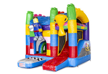 Buy a small indoor multiplay inflatable bouncer in the theme Lego superblocks with slide for children. Order inflatable bouncers online at JB Inflatables UK