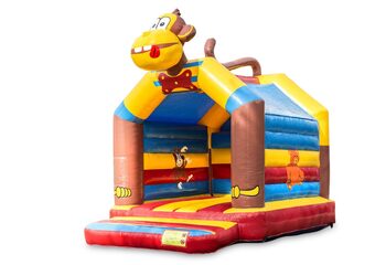 Buy a standard bouncy castle for children in striking colors with a large 3D object in the shape of a monkey on top. Buy inflatables online at JB Inflatables UK