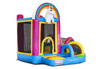 Mini inflatable multiplay bouncy castle in unicorn theme for children. Order inflatable bouncy castles online at JB Inflatables UK