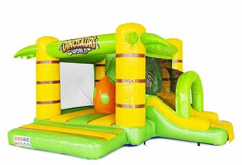Order inflatable bouncy castle with slide in dino theme in green with yellow for children