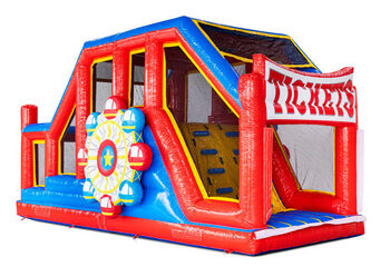 Red blue yellow inflatable obstacle course modules Base Jump