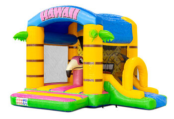 Bouncy box castle in Hawaiian theme with slide on the side