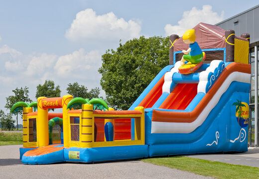 Buy a unique inflatable slide in a beach theme with a splash pool, impressive 3D object, fresh colors and the 3D obstacles for children. Order inflatable slides now online at JB Inflatables UK