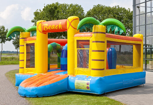 Multifunctional inflatable slide in a beach theme with a splash pool, impressive 3D object, fresh colors and the 3D obstacles for kids. Order inflatable slides now online at JB Inflatables UK