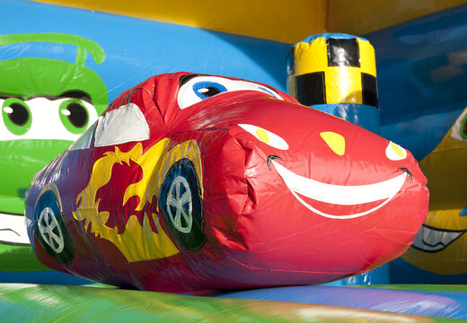 Buy covered multifun bouncer with slide in car theme with 3D object on the roof for both young and older children. Order inflatable bouncers online at JB Inflatables UK