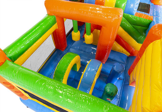 Medium inflatable multiplay bouncy castle in party theme with slide for children. Order inflatable bouncy castles online at JB Inflatables UK