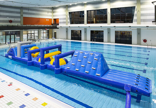 Buy unique inflatable Obstacle Run Marine XL with double climbing wall and double slide for both young and old. Order inflatable pool games now online at JB Inflatables America