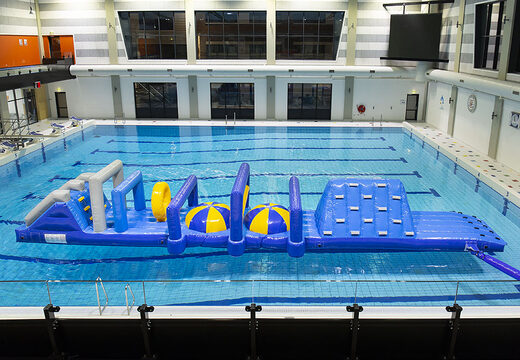 Spectacular inflatable Obstacle Run Marine XL assault course with double climbing wall and double slide for kids. Order inflatable water attractions now online at JB Inflatables America